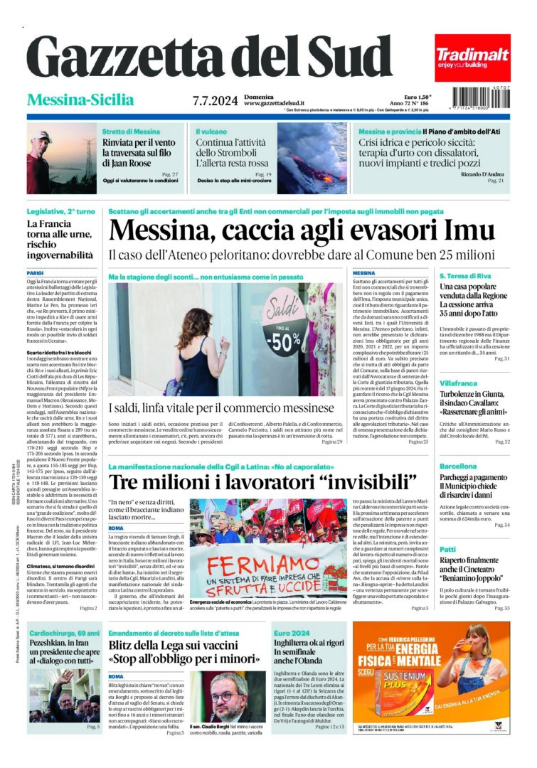 Prima-pagina-gazzetta-del-sud-messina-edizione-di-oggi-07-07-2024