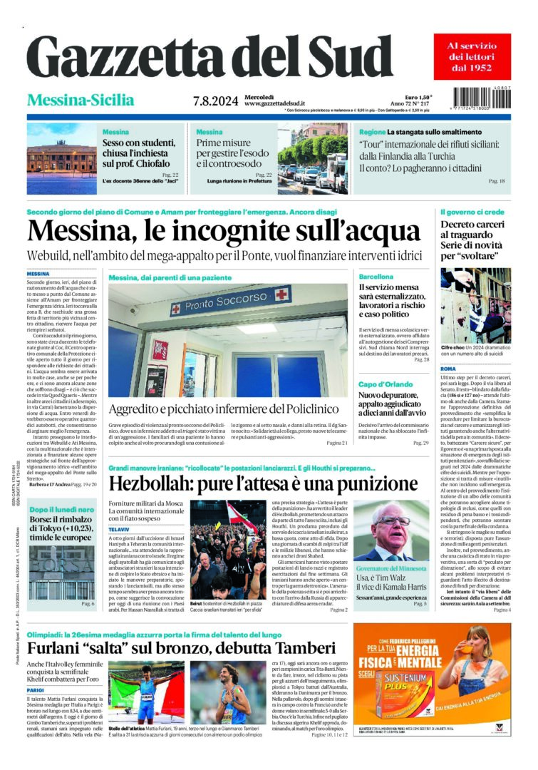 Prima-pagina-gazzetta-del-sud-messina-edizione-di-oggi-07-08-2024