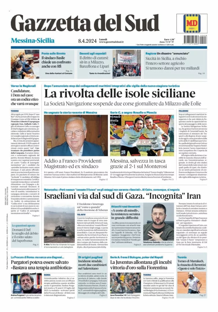 Prima-pagina-gazzetta-del-sud-messina-edizione-di-oggi-08-04-2024