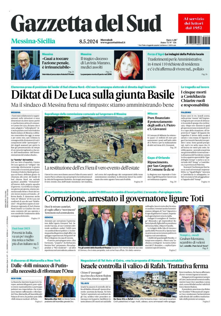 Prima-pagina-gazzetta-del-sud-messina-edizione-di-oggi-08-05-2024