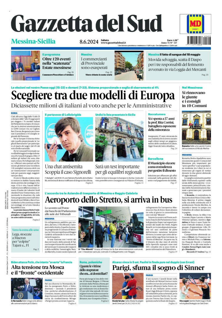 Prima-pagina-gazzetta-del-sud-messina-edizione-di-oggi-08-06-2024