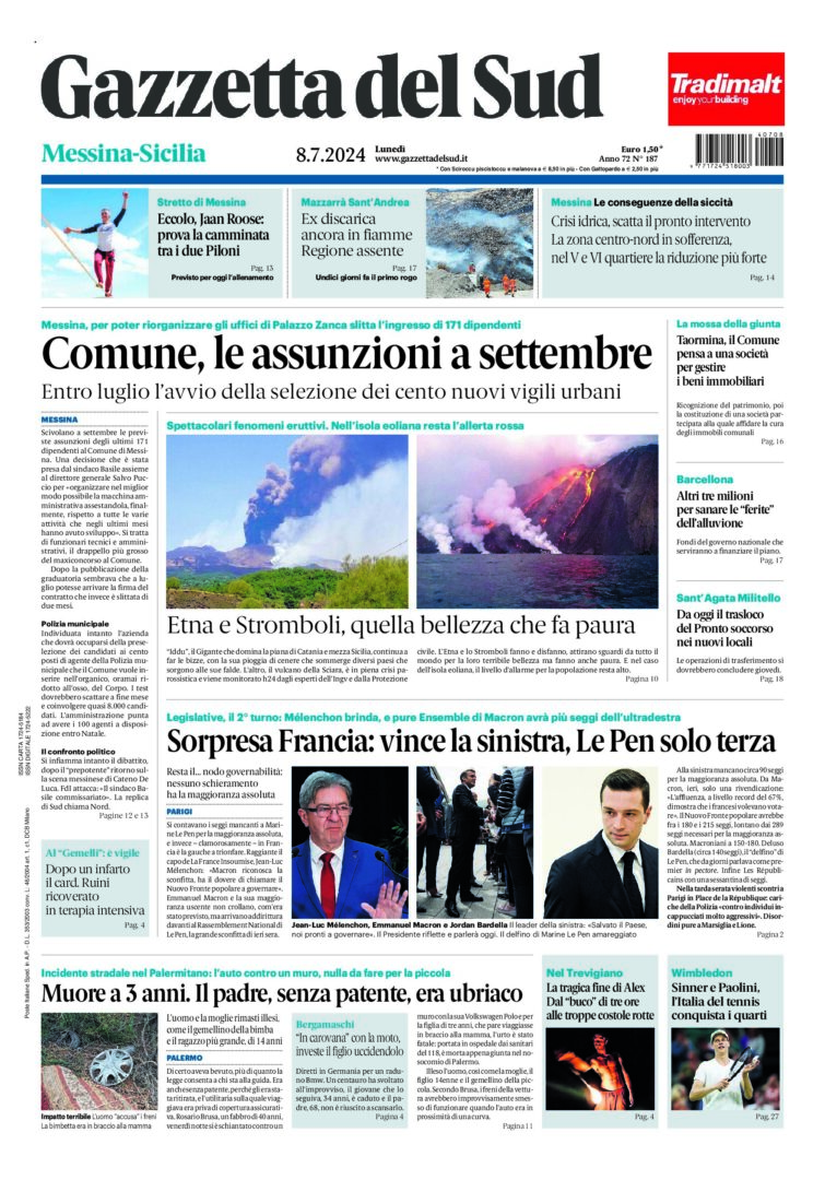 Prima-pagina-gazzetta-del-sud-messina-edizione-di-oggi-08-07-2024