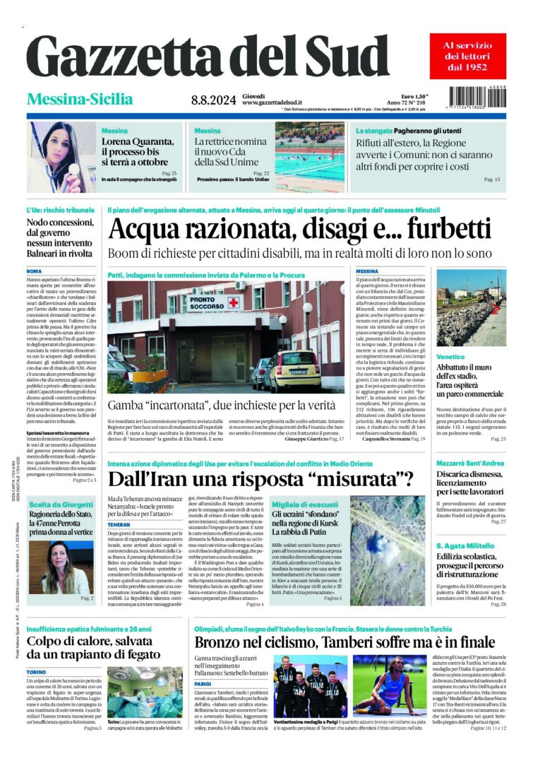 Prima-pagina-gazzetta-del-sud-messina-edizione-di-oggi-08-08-2024