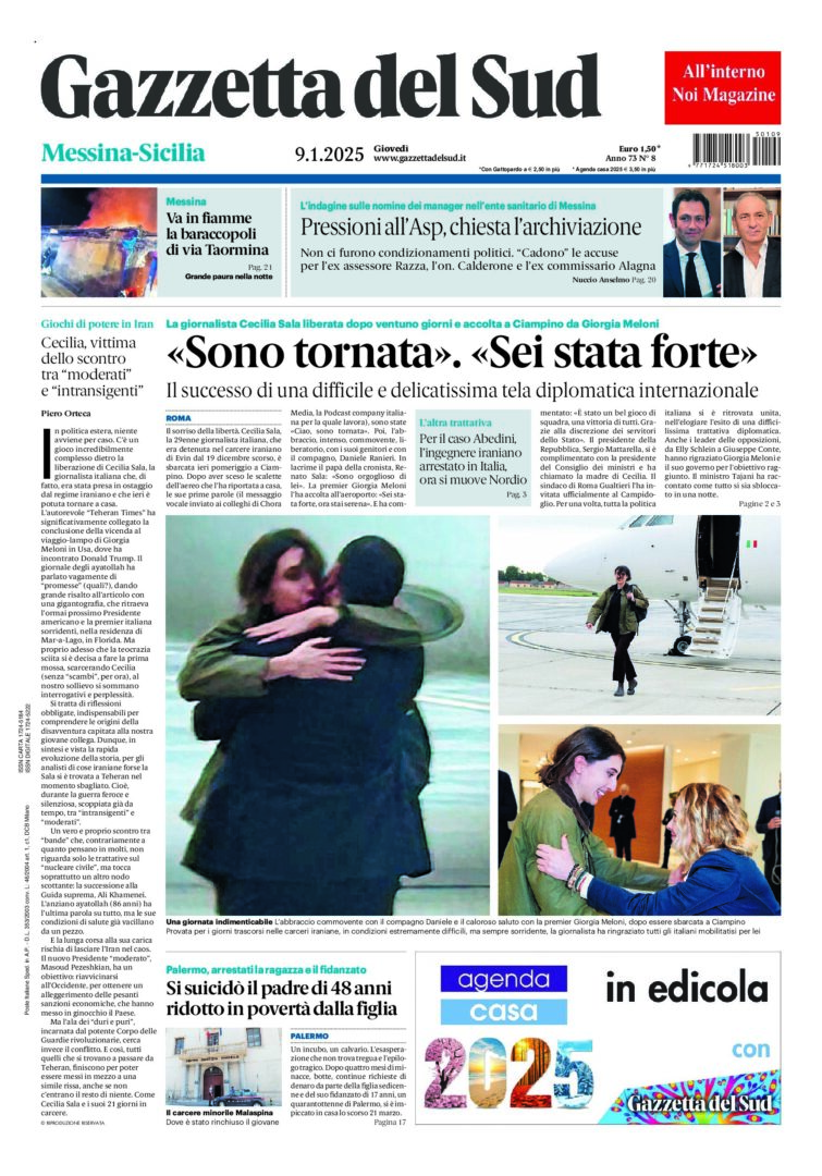 Prima-pagina-gazzetta-del-sud-messina-edizione-di-oggi-09-01-2025