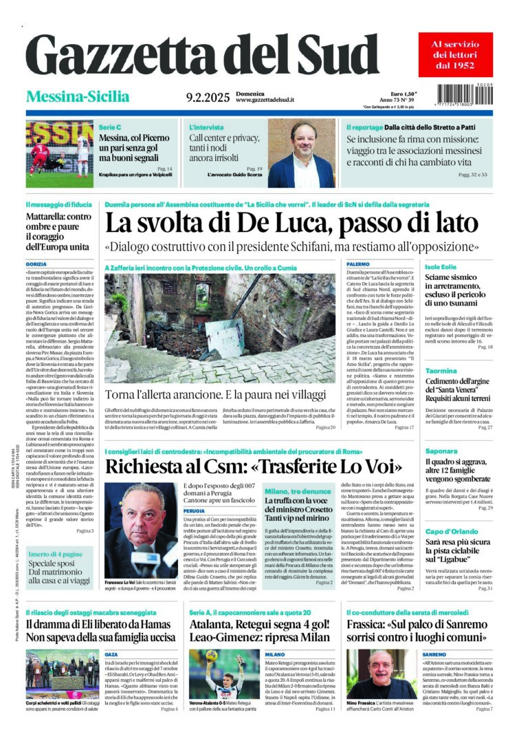 Prima-pagina-gazzetta-del-sud-messina-edizione-di-oggi-09-02-2025