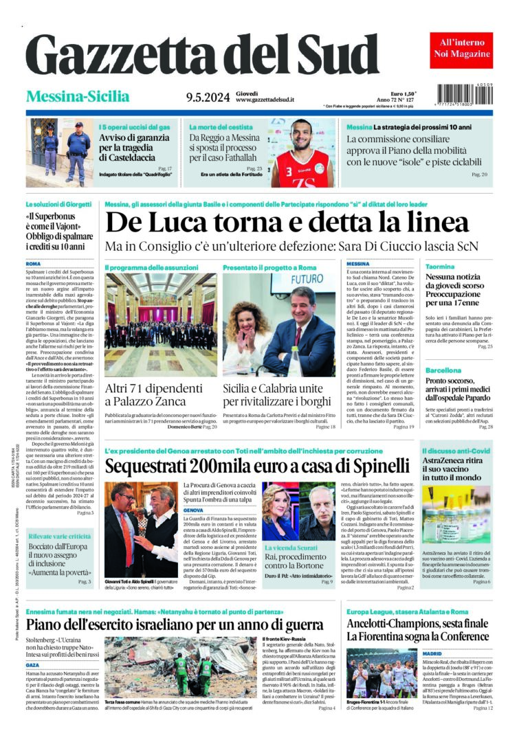 Prima-pagina-gazzetta-del-sud-messina-edizione-di-oggi-09-05-2024