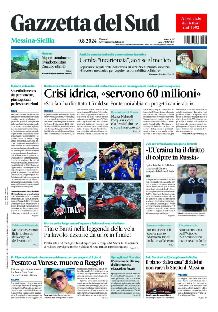 Prima-pagina-gazzetta-del-sud-messina-edizione-di-oggi-09-08-2024