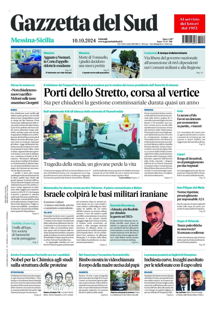 Prima-pagina-gazzetta-del-sud-messina-edizione-di-oggi-10-10-2024