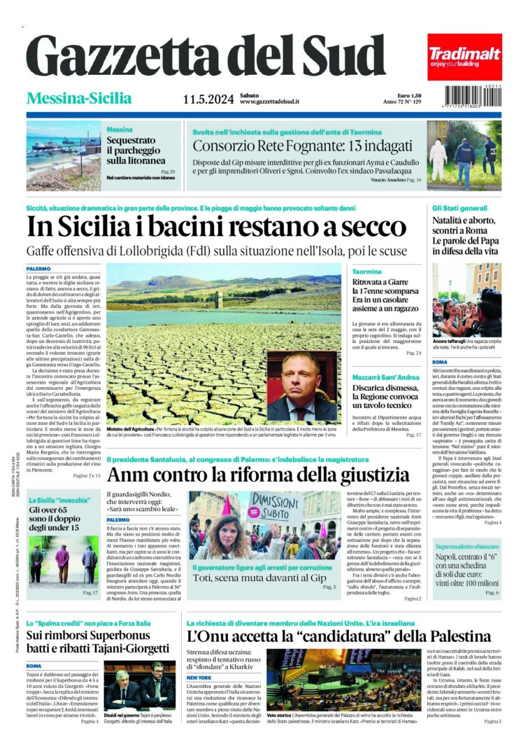 Prima-pagina-gazzetta-del-sud-messina-edizione-di-oggi-11-05-2024