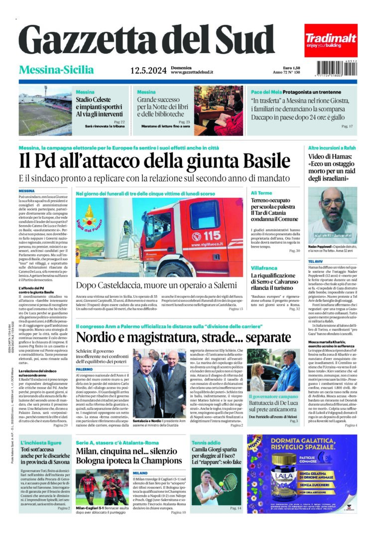 Prima-pagina-gazzetta-del-sud-messina-edizione-di-oggi-12-05-2024