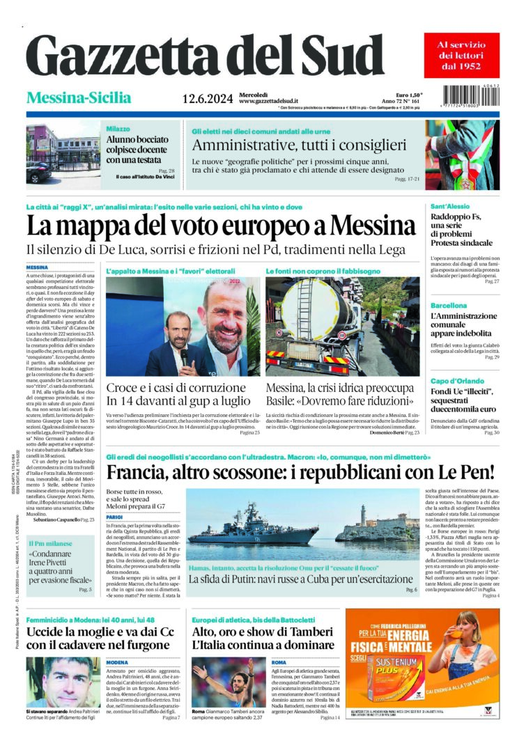 Prima-pagina-gazzetta-del-sud-messina-edizione-di-oggi-12-06-2024