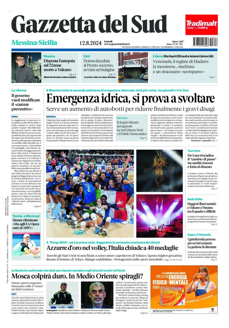 Prima-pagina-gazzetta-del-sud-messina-edizione-di-oggi-12-08-2024