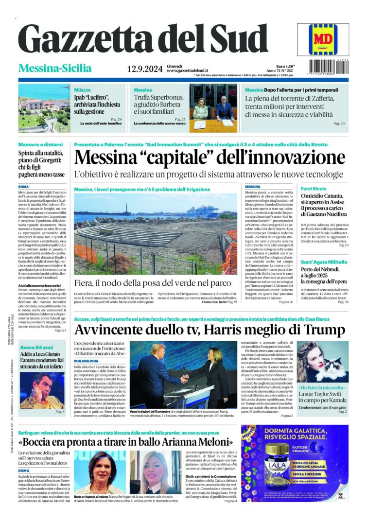 Prima-pagina-gazzetta-del-sud-messina-edizione-di-oggi-12-09-2024