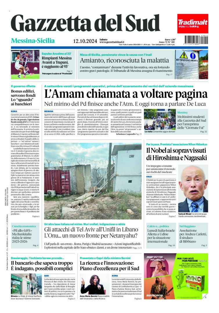 Prima-pagina-gazzetta-del-sud-messina-edizione-di-oggi-12-10-2024