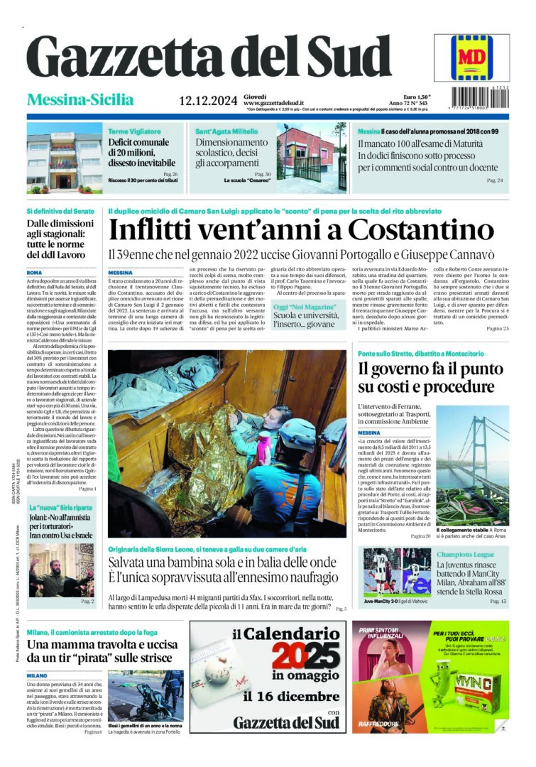 Prima-pagina-gazzetta-del-sud-messina-edizione-di-oggi-12-12-2024