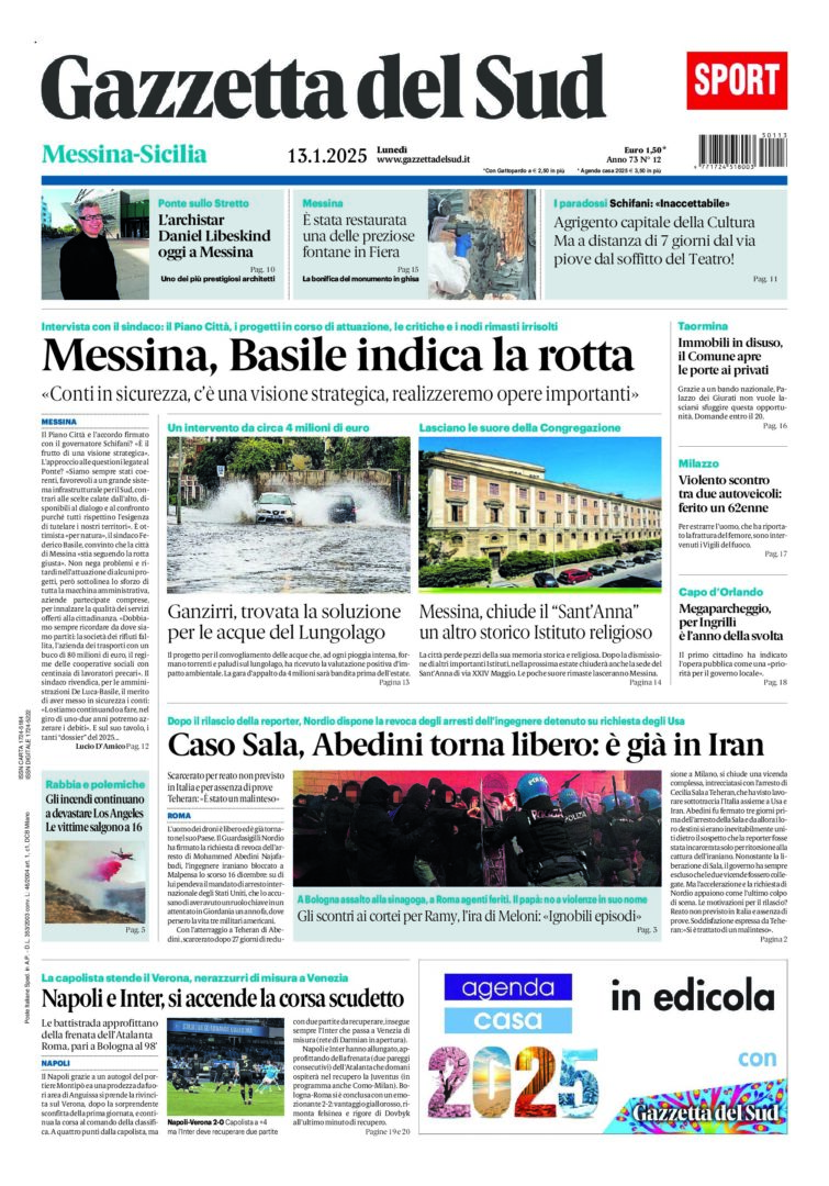 Prima-pagina-gazzetta-del-sud-messina-edizione-di-oggi-13-01-2025