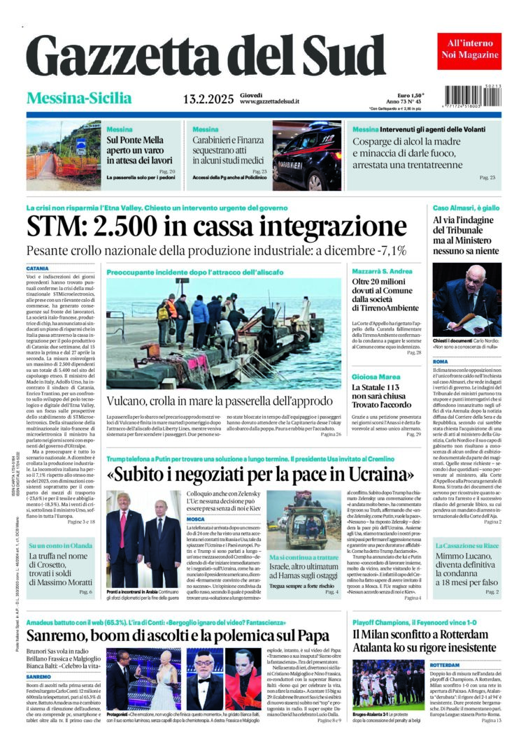 Prima-pagina-gazzetta-del-sud-messina-edizione-di-oggi-13-02-2025