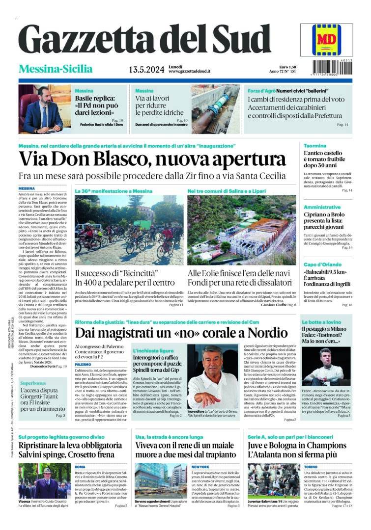 Prima-pagina-gazzetta-del-sud-messina-edizione-di-oggi-13-05-2024