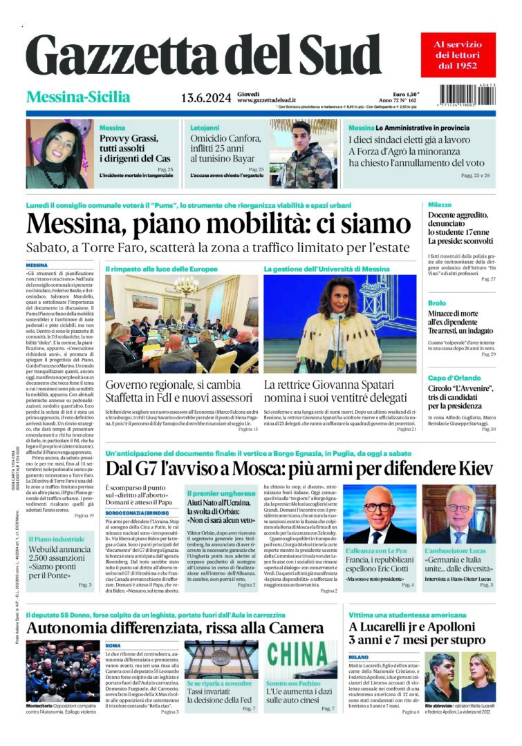 Prima-pagina-gazzetta-del-sud-messina-edizione-di-oggi-13-06-2024