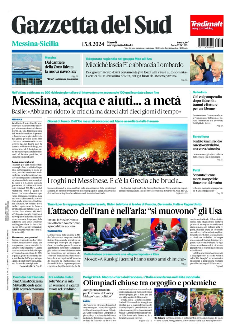 Prima-pagina-gazzetta-del-sud-messina-edizione-di-oggi-13-08-2024