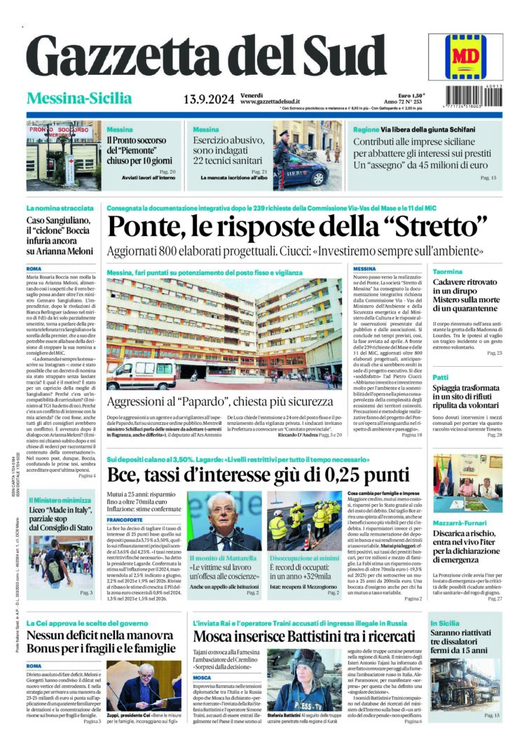 Prima-pagina-gazzetta-del-sud-messina-edizione-di-oggi-13-09-2024