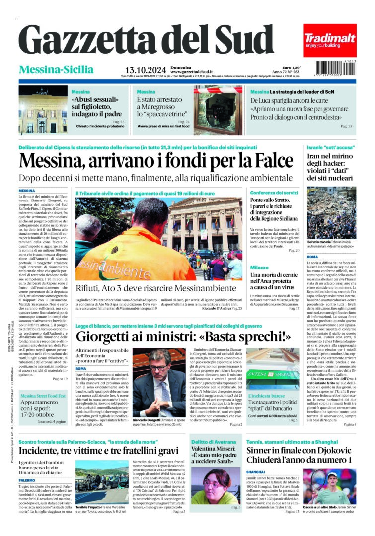 Prima-pagina-gazzetta-del-sud-messina-edizione-di-oggi-13-10-2024