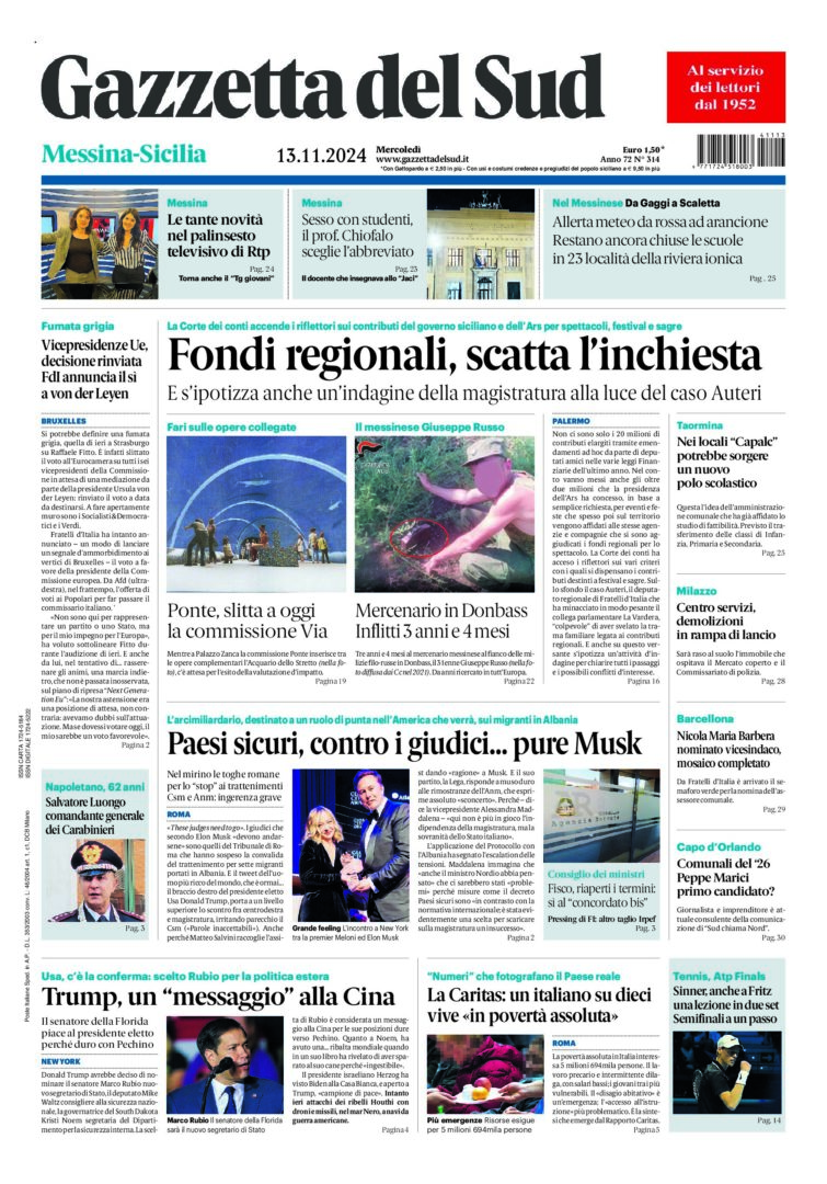 Prima-pagina-gazzetta-del-sud-messina-edizione-di-oggi-13-11-2024