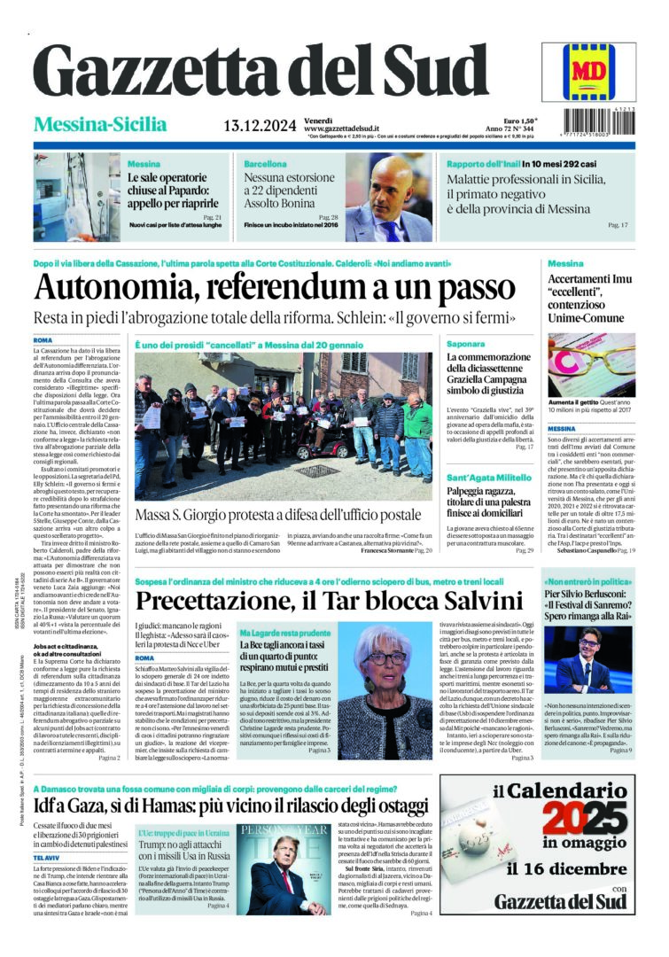 Prima-pagina-gazzetta-del-sud-messina-edizione-di-oggi-13-12-2024