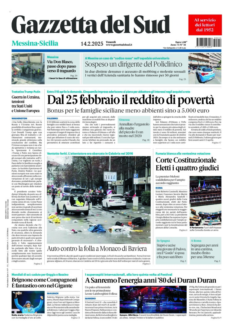 Prima-pagina-gazzetta-del-sud-messina-edizione-di-oggi-14-02-2025