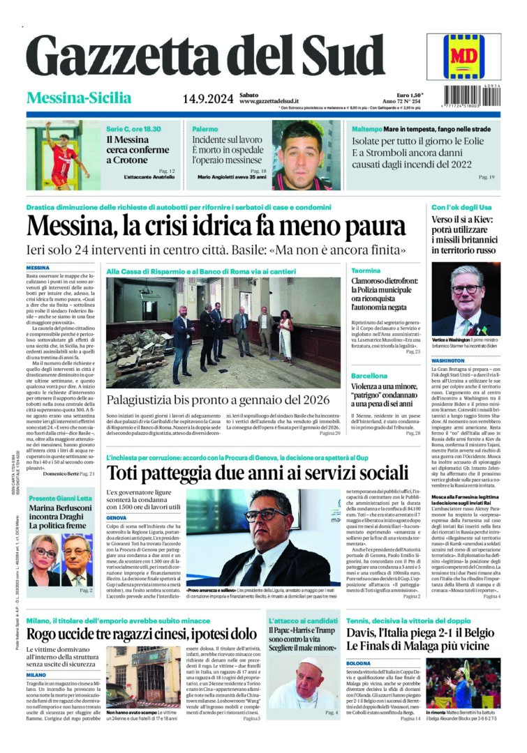 Prima-pagina-gazzetta-del-sud-messina-edizione-di-oggi-14-09-2024