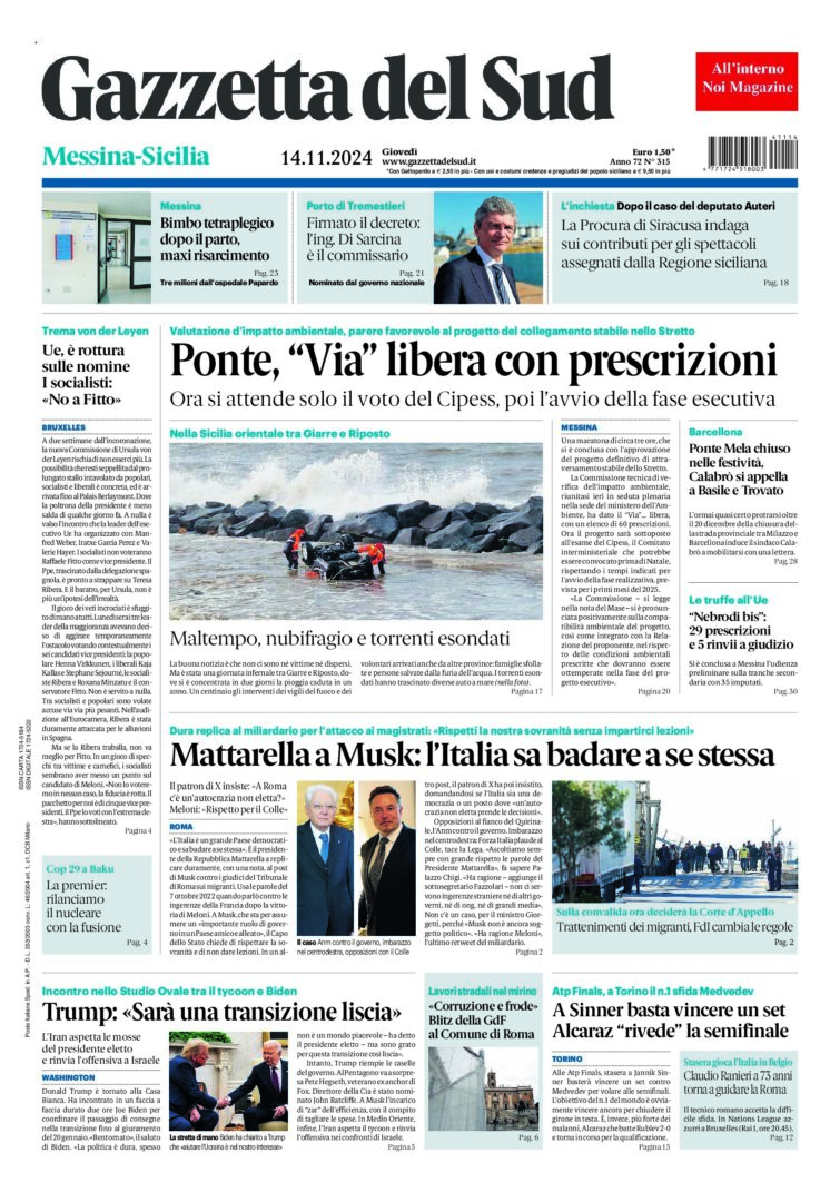 Prima-pagina-gazzetta-del-sud-messina-edizione-di-oggi-14-11-2024