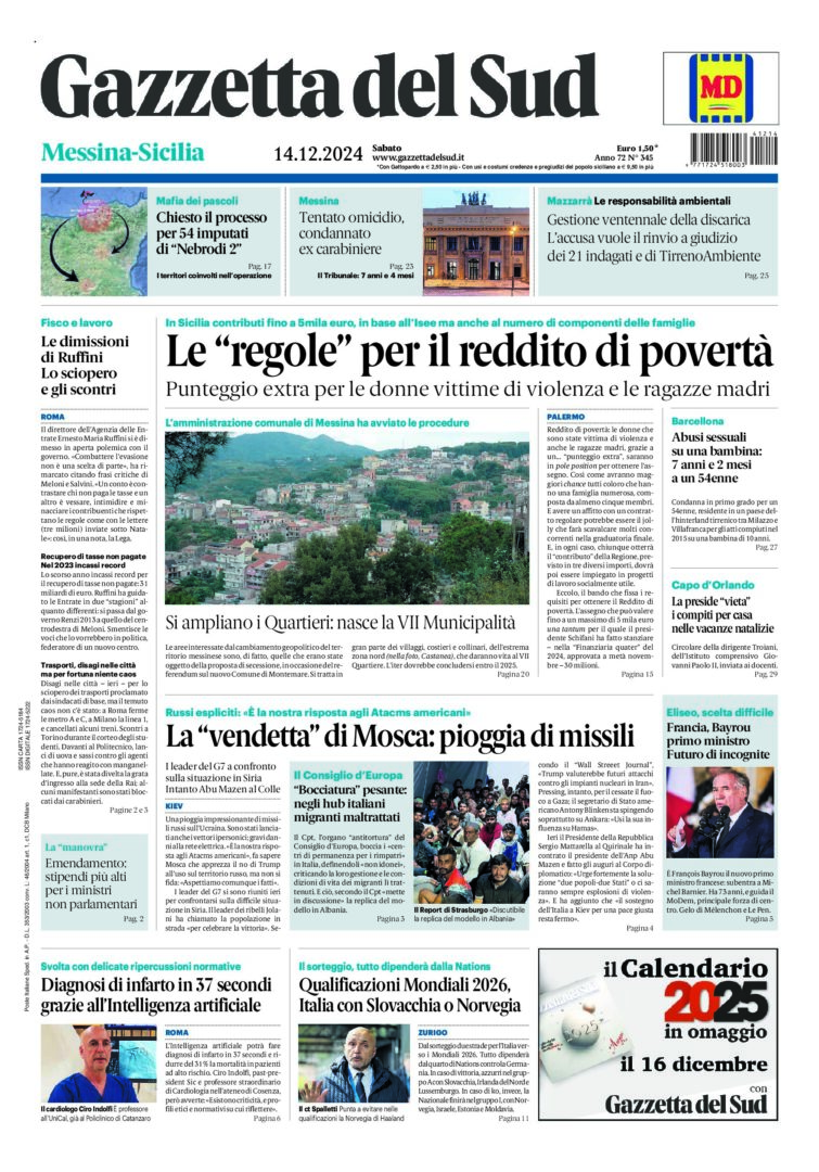 Prima-pagina-gazzetta-del-sud-messina-edizione-di-oggi-14-12-2024