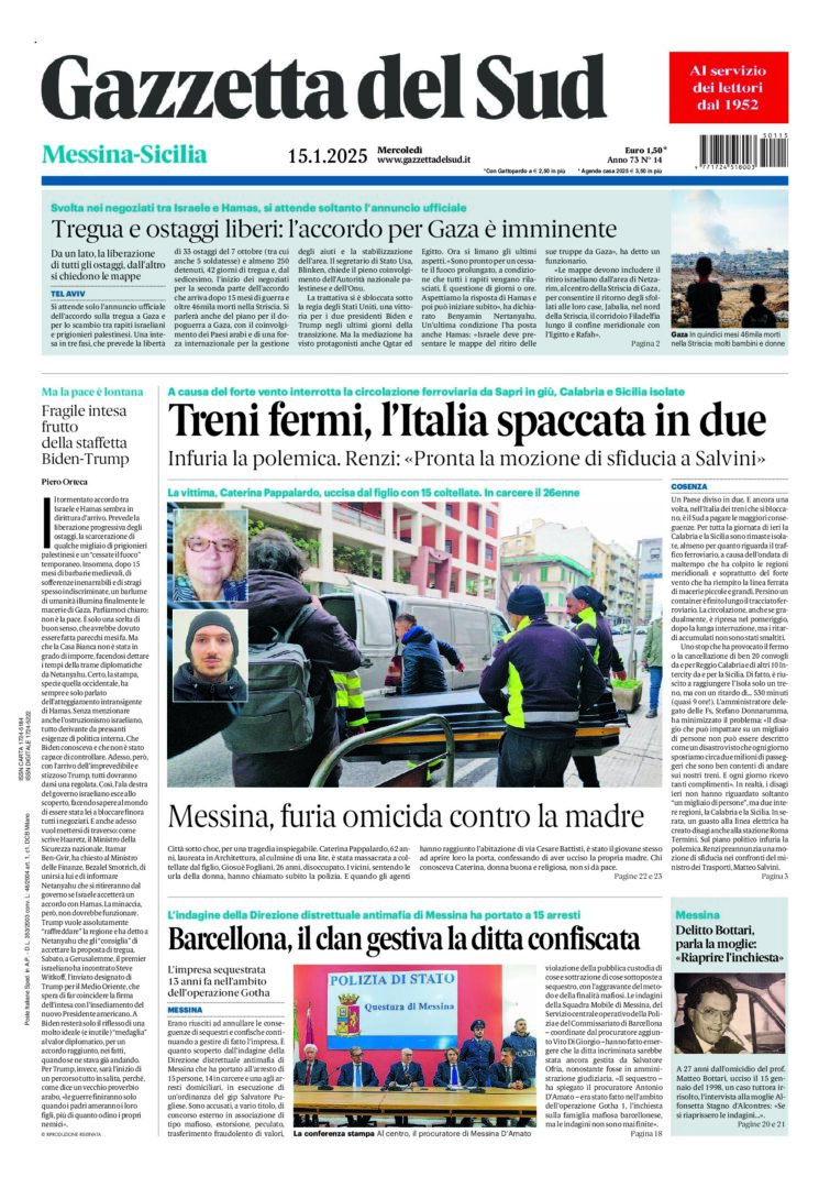 Prima-pagina-gazzetta-del-sud-messina-edizione-di-oggi-15-01-2025