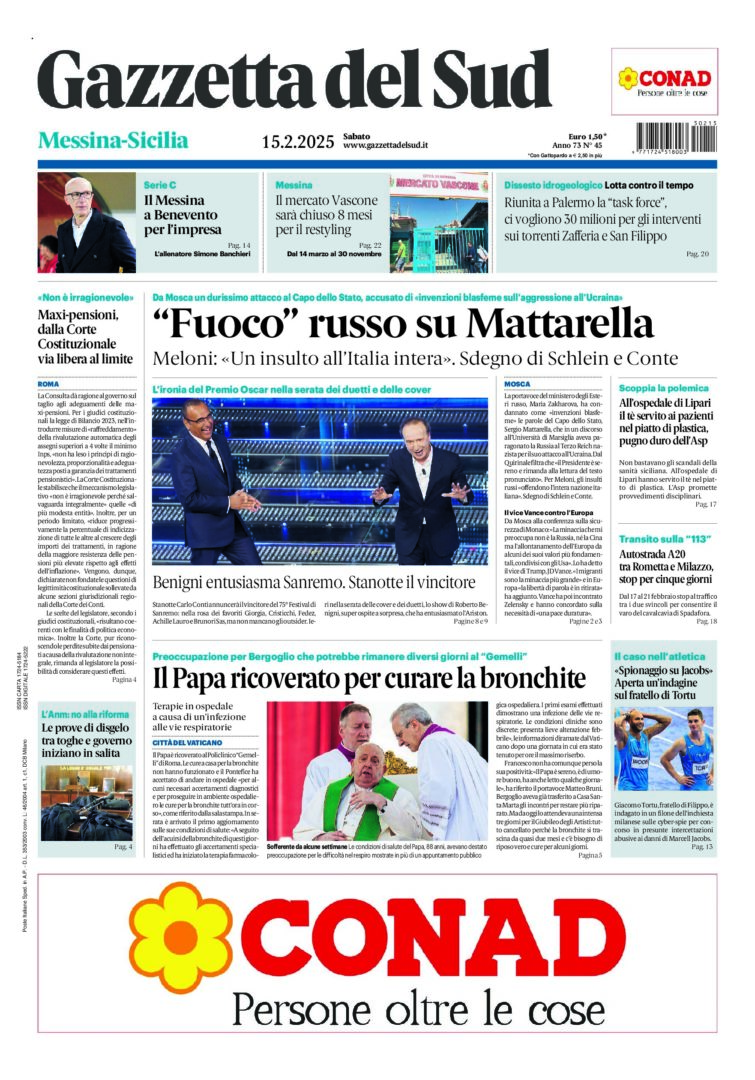 Prima-pagina-gazzetta-del-sud-messina-edizione-di-oggi-15-02-2025