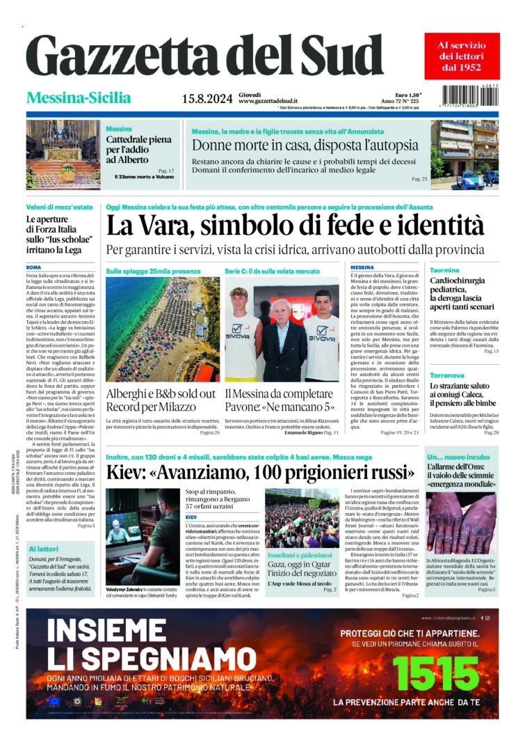 Prima-pagina-gazzetta-del-sud-messina-edizione-di-oggi-15-08-2024