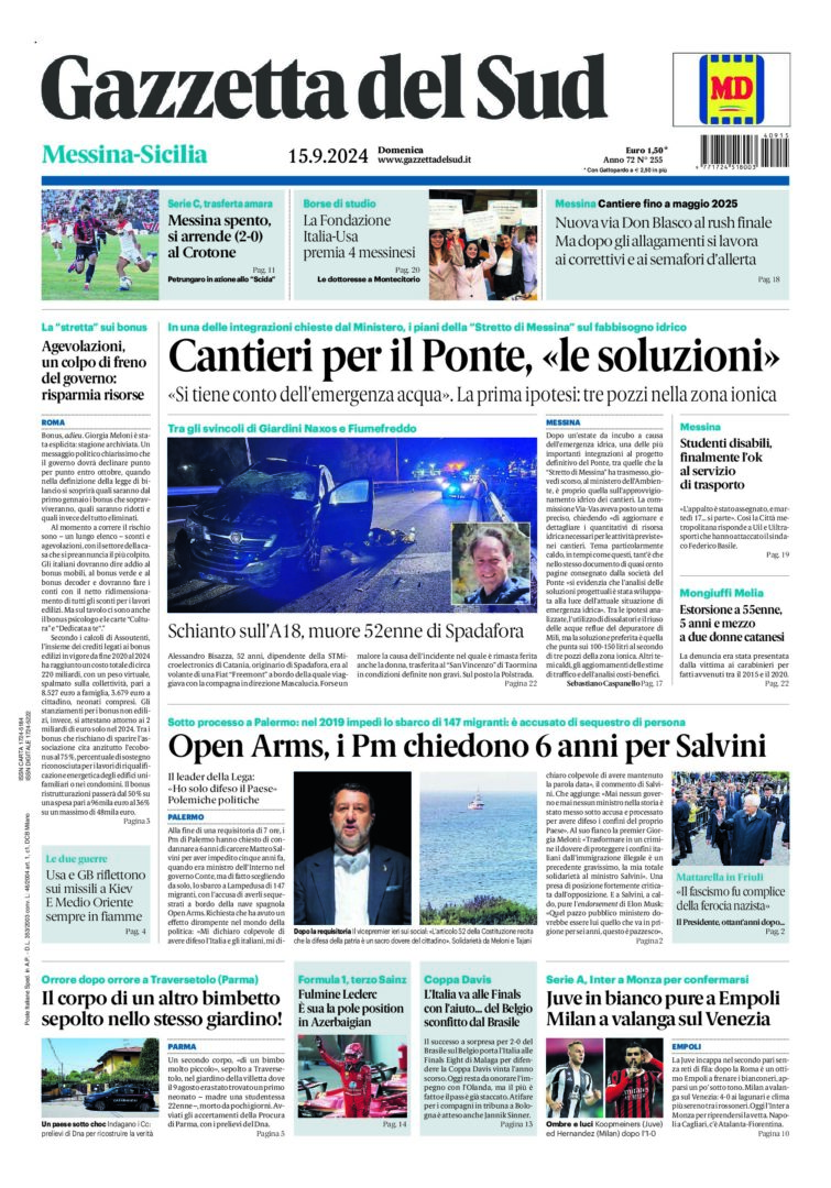 Prima-pagina-gazzetta-del-sud-messina-edizione-di-oggi-15-09-2024