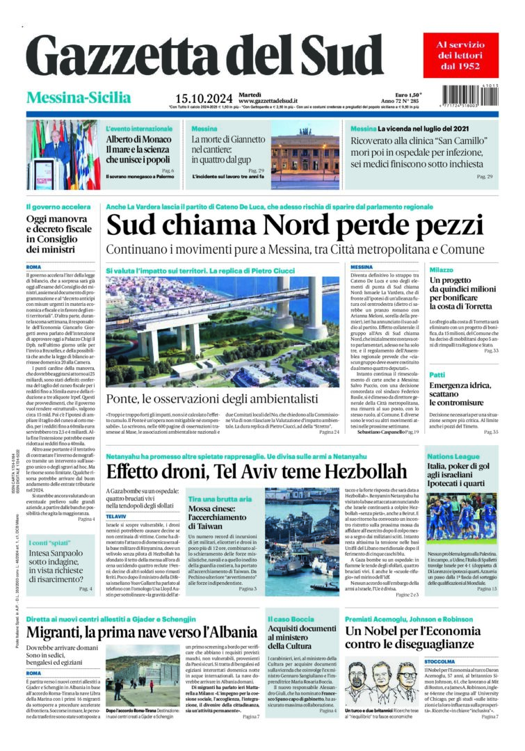 Prima-pagina-gazzetta-del-sud-messina-edizione-di-oggi-15-10-2024