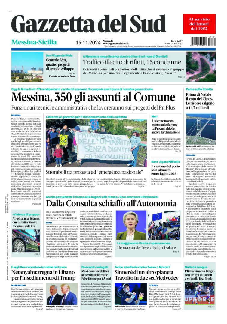 Prima-pagina-gazzetta-del-sud-messina-edizione-di-oggi-15-11-2024