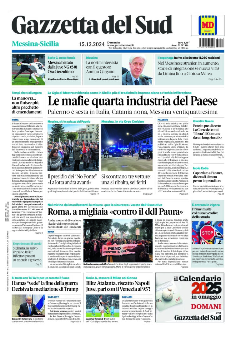 Prima-pagina-gazzetta-del-sud-messina-edizione-di-oggi-15-12-2024