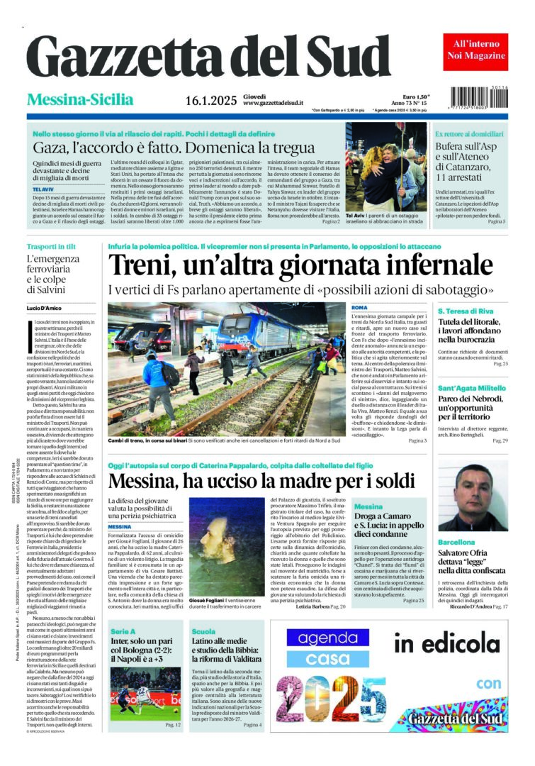 Prima-pagina-gazzetta-del-sud-messina-edizione-di-oggi-16-01-2025