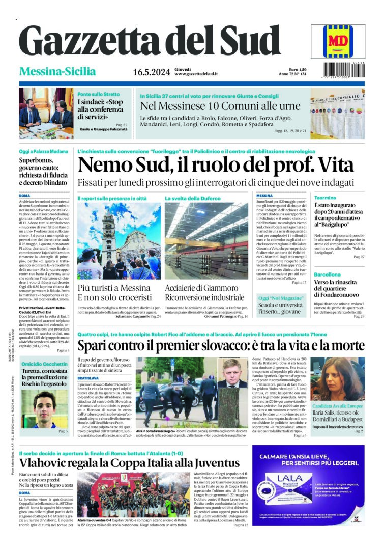 Prima-pagina-gazzetta-del-sud-messina-edizione-di-oggi-16-05-2024