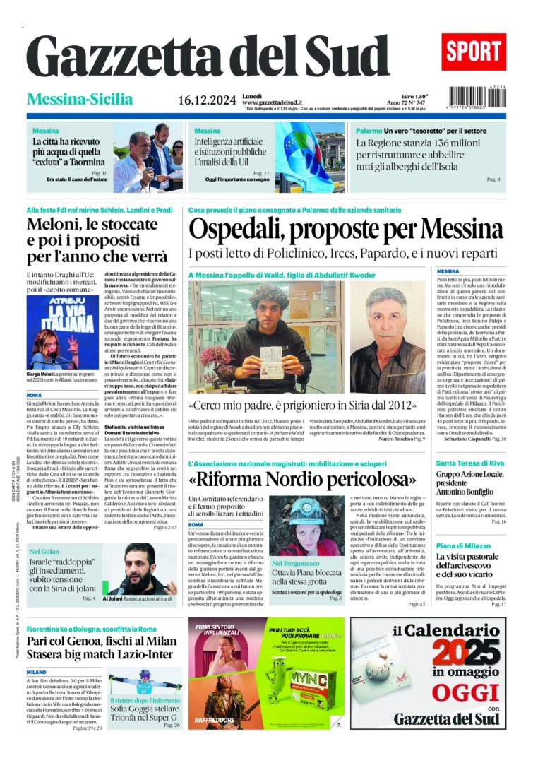 Prima-pagina-gazzetta-del-sud-messina-edizione-di-oggi-16-12-2024