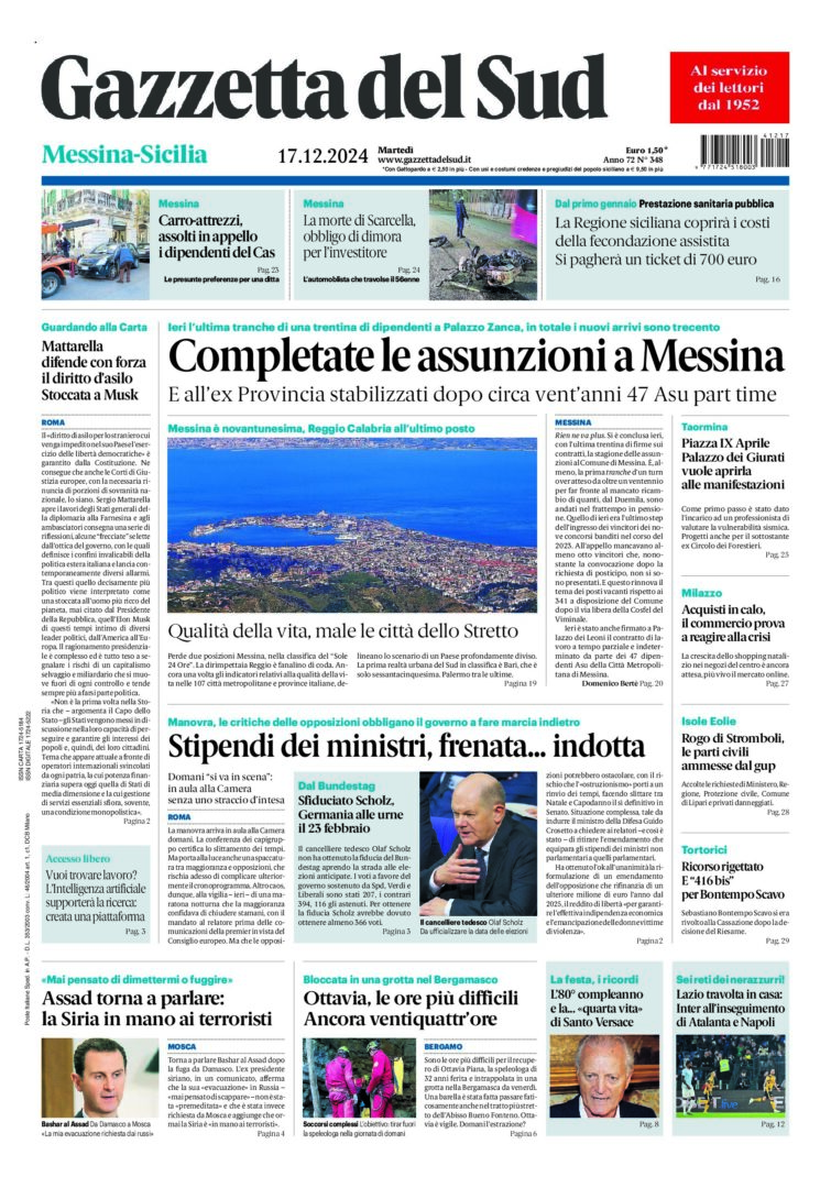 Prima-pagina-gazzetta-del-sud-messina-edizione-di-oggi-17-12-2024