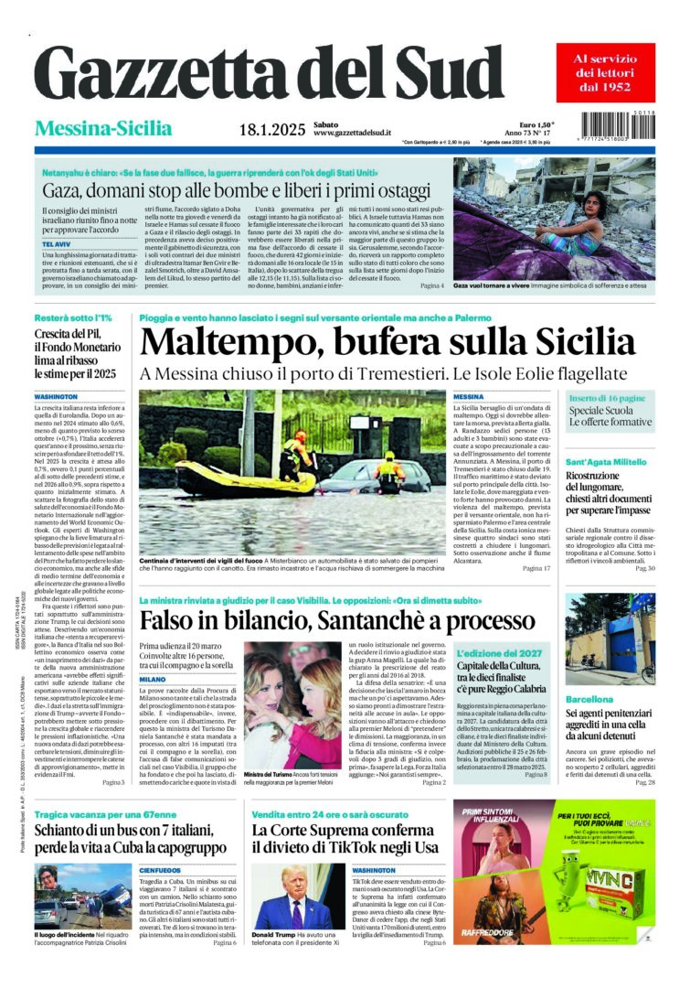 Prima-pagina-gazzetta-del-sud-messina-edizione-di-oggi-18-01-2025