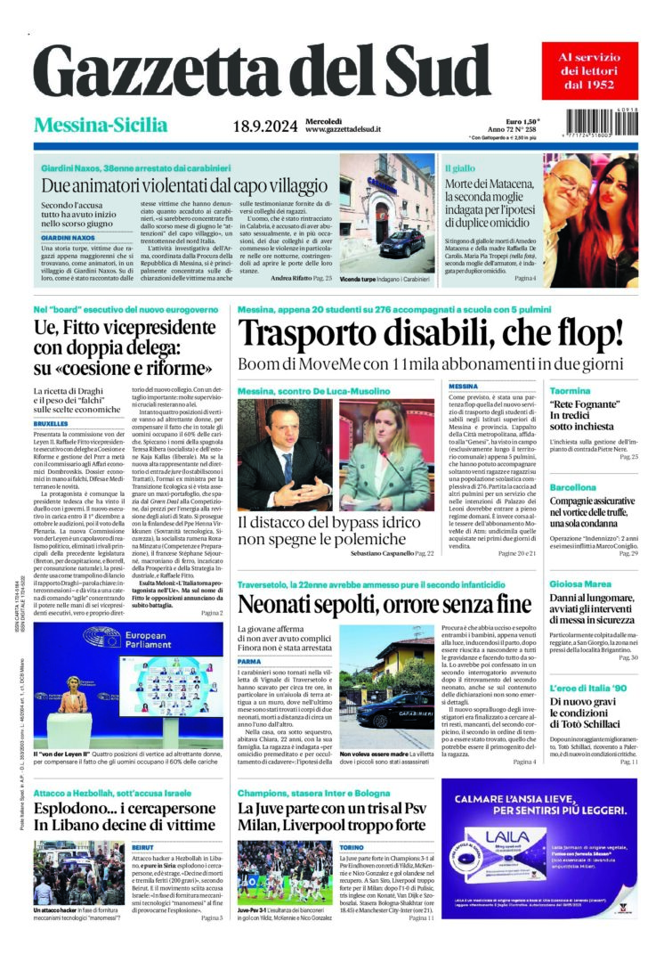 Prima-pagina-gazzetta-del-sud-messina-edizione-di-oggi-18-09-2024