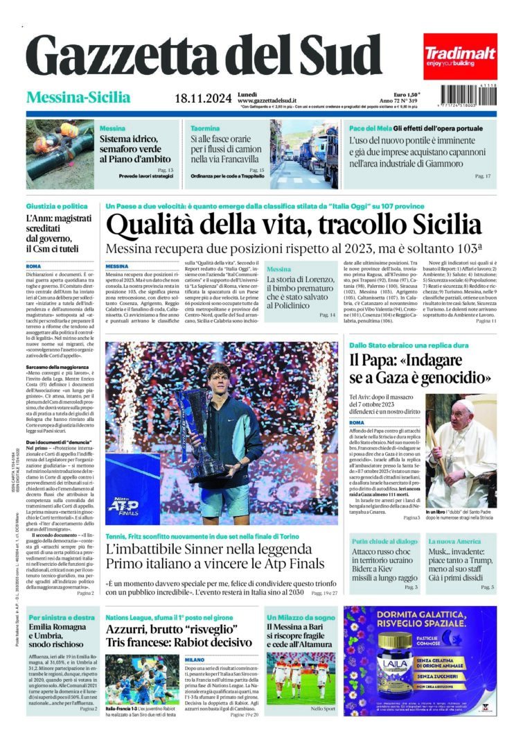 Prima-pagina-gazzetta-del-sud-messina-edizione-di-oggi-18-11-2024