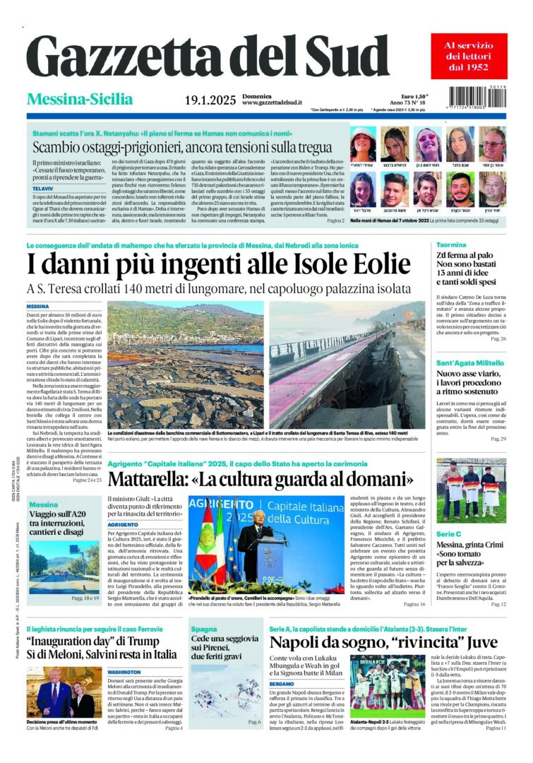 Prima-pagina-gazzetta-del-sud-messina-edizione-di-oggi-19-01-2025