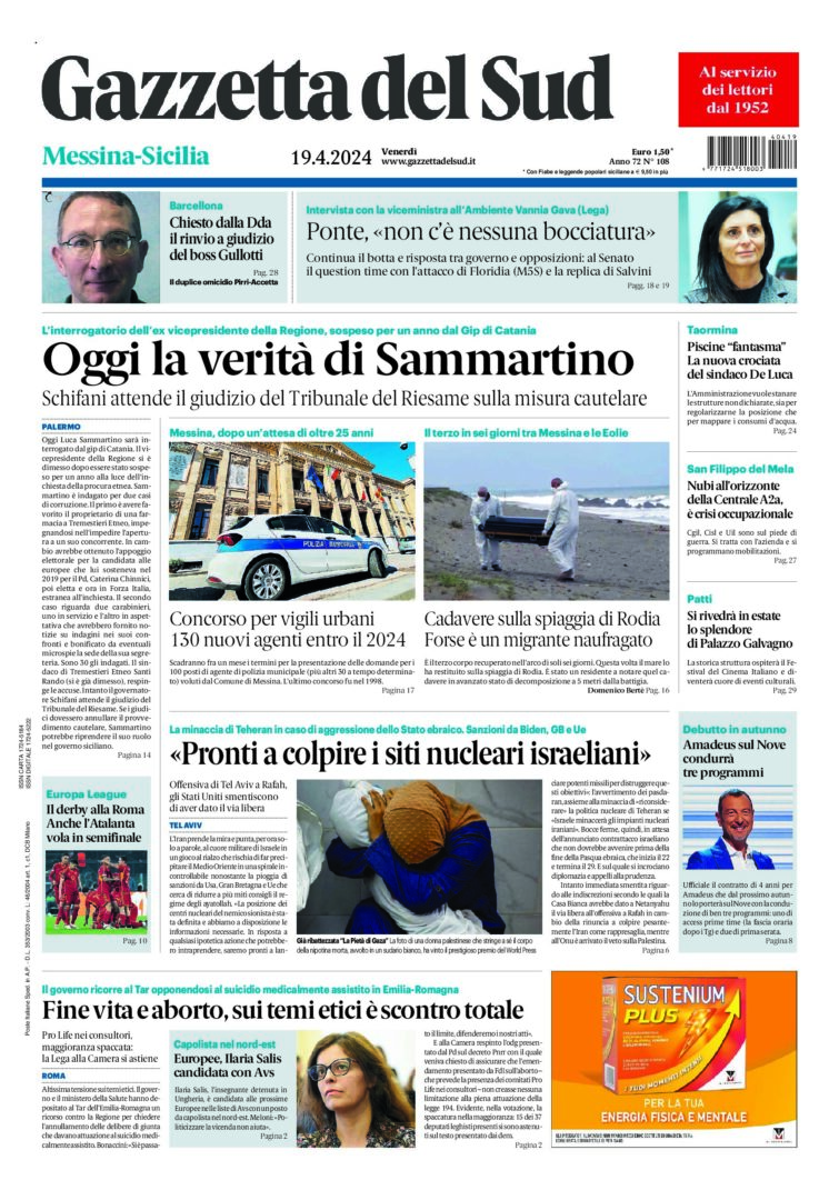 Prima-pagina-gazzetta-del-sud-messina-edizione-di-oggi-19-04-2024