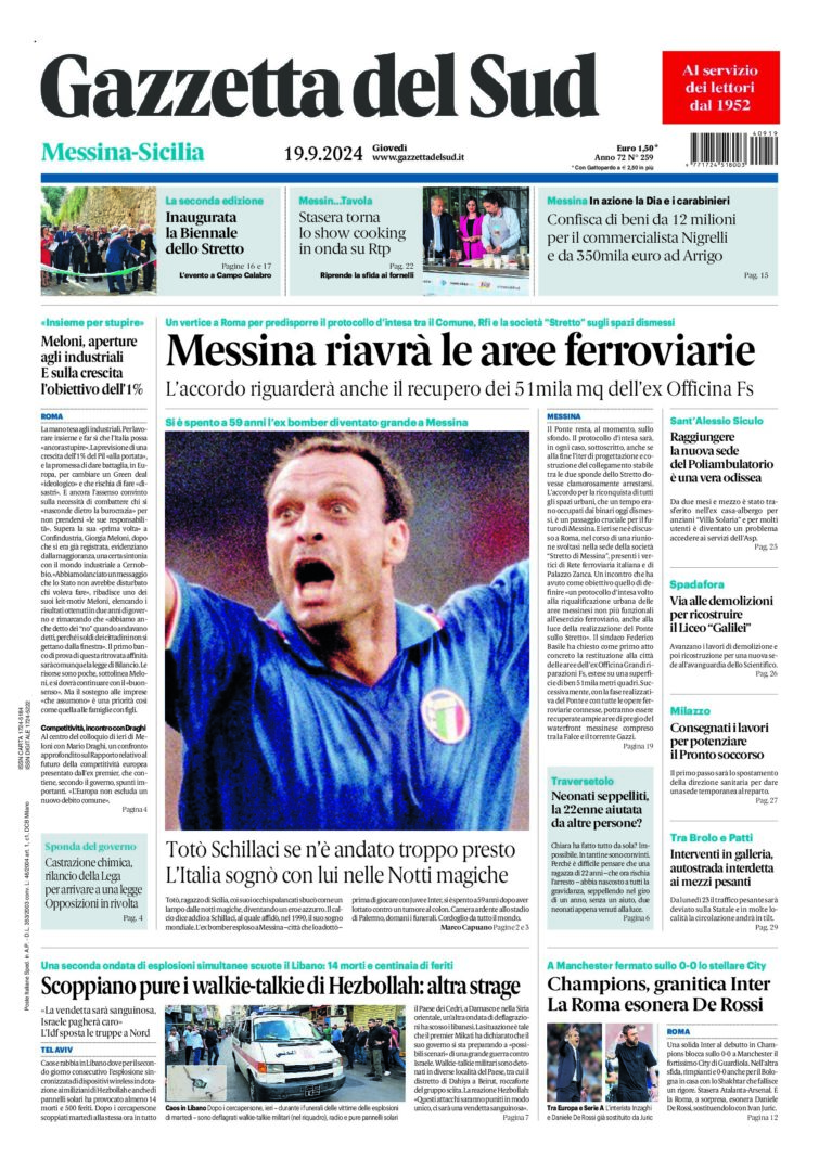 Prima-pagina-gazzetta-del-sud-messina-edizione-di-oggi-19-09-2024