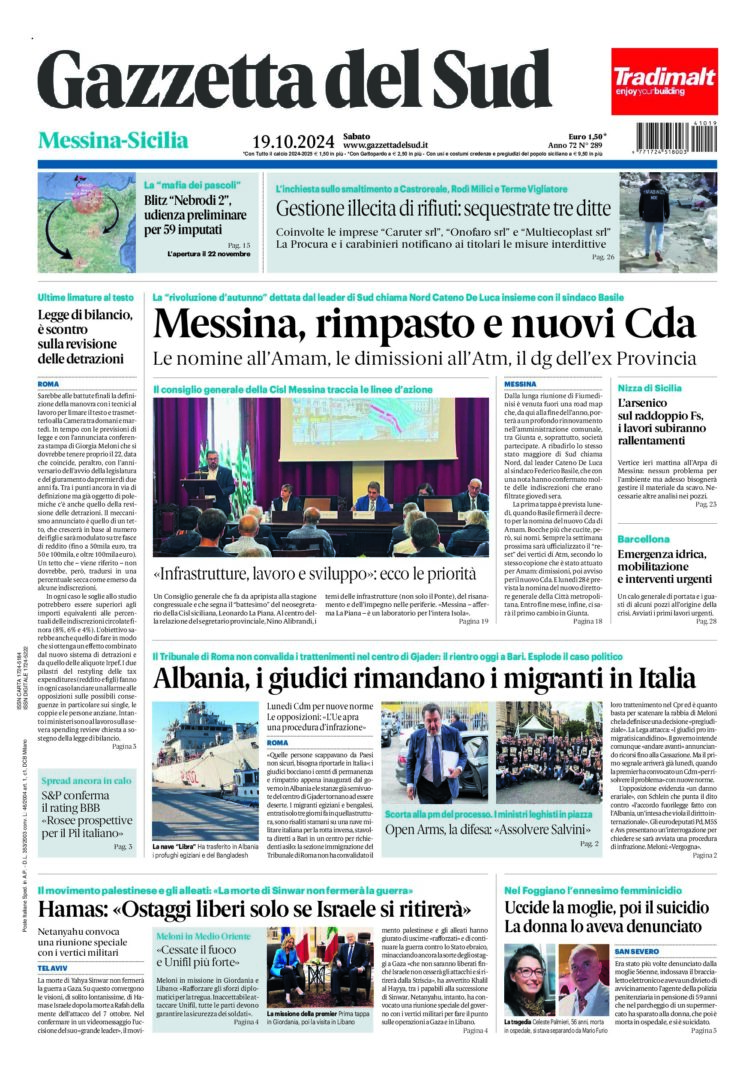 Prima-pagina-gazzetta-del-sud-messina-edizione-di-oggi-19-10-2024